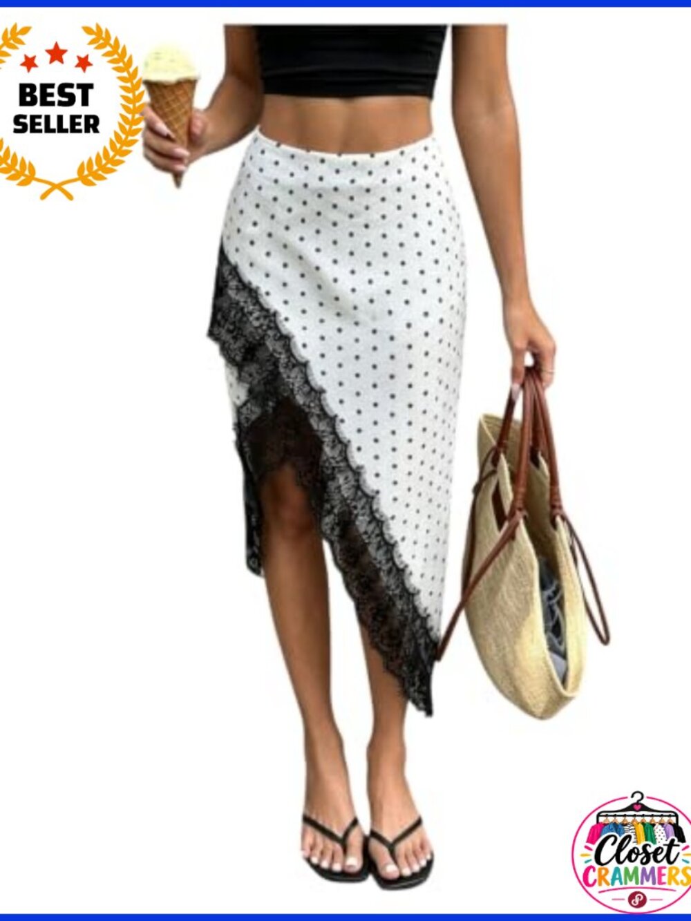 Polka Dots Lace Wrap Skirt Elegant Slit Asymmetrical Midi A-Line
